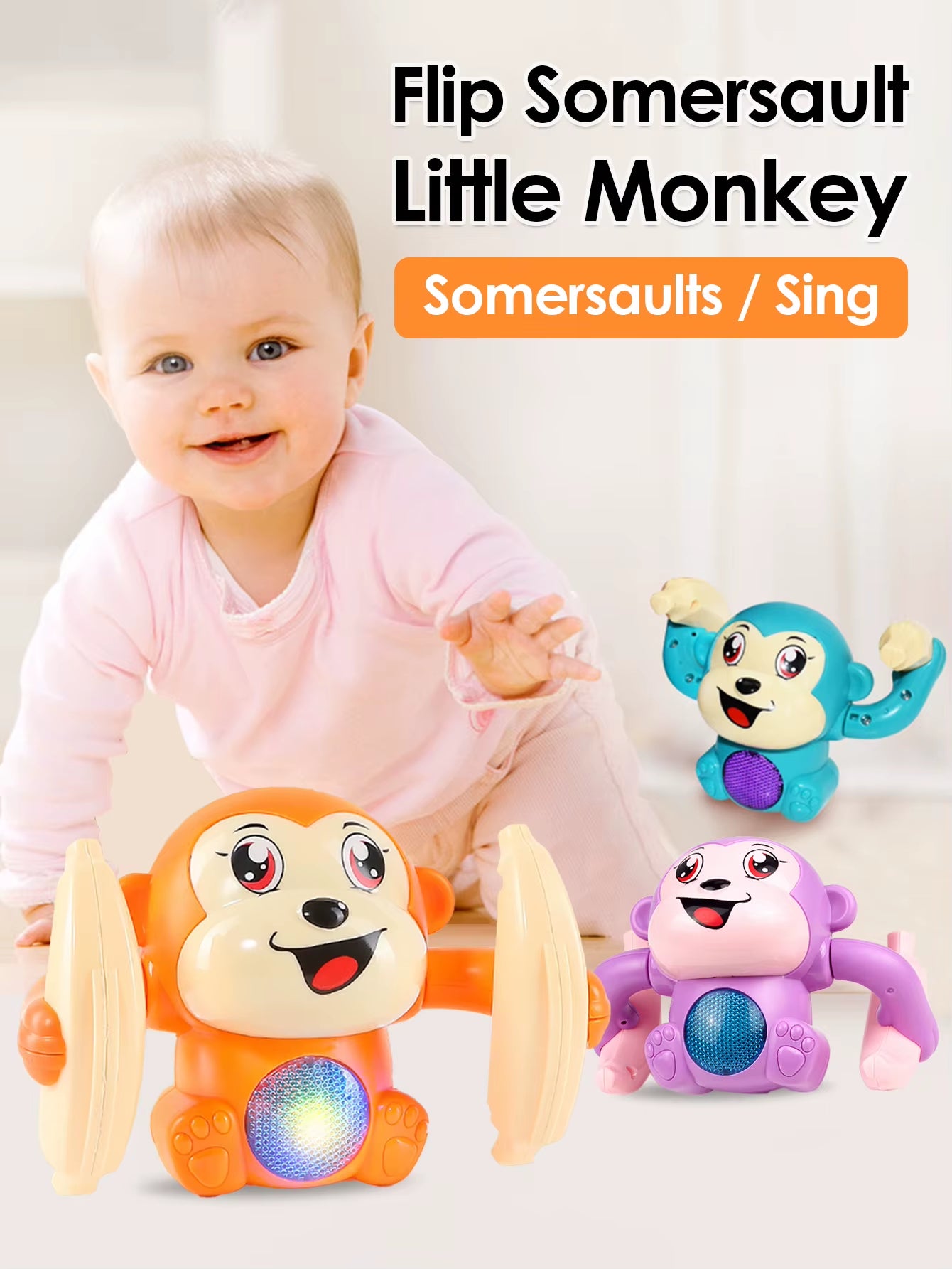 1 Baby Toy Electric Rolling Monkey Light Music Puzzle Sound Prompt Monkey Children'S Toy Gift Preschool Education Toy