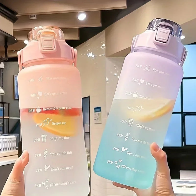 2L Large Sports Water Bottle with Straw & Time Marker – Leakproof Portable Drinking Bottle for Fitness, Gym & Travel